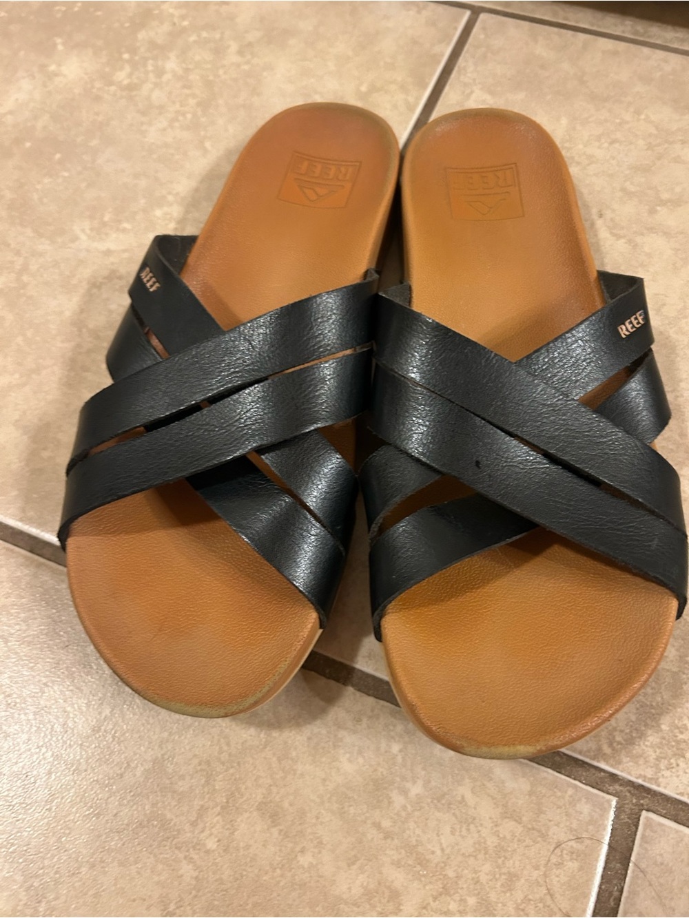 Reef Women's 8 Black Leather Crisscross Slide Sandals